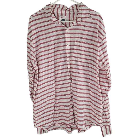 Vintage Linen Blend Old Navy Stripe Red Ivory Button Down Slim Fit XL - Picture 1 of 6